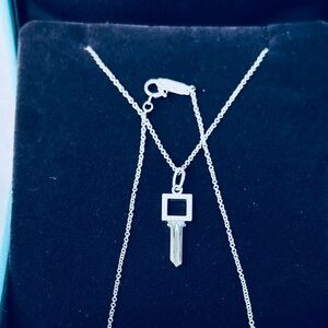 Tiffany & Co  Modern Square Diamond Key Pendant w/ Tiffany 16” White Gold Chain.